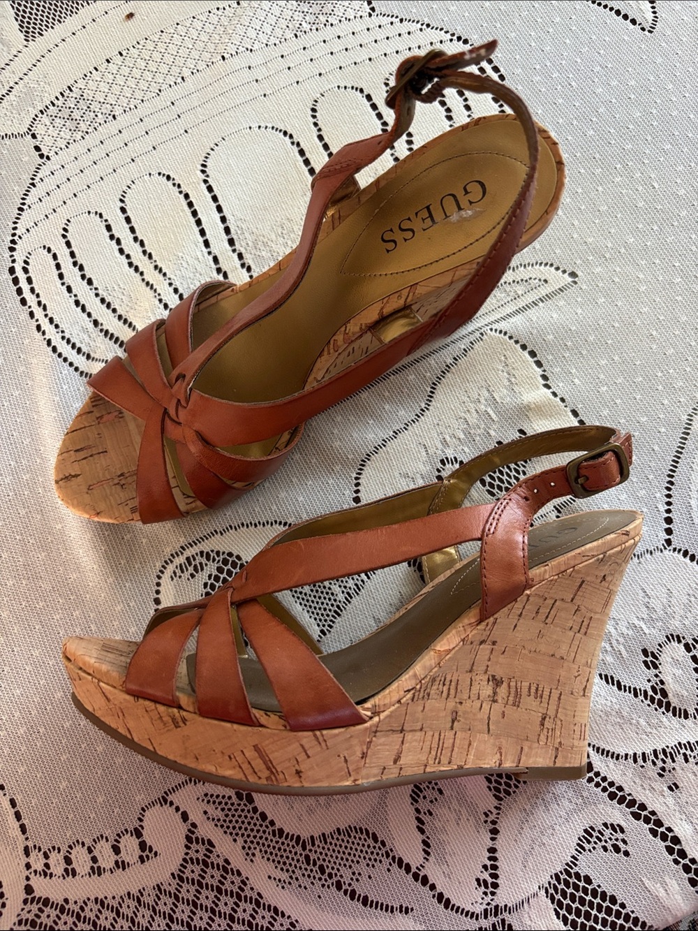 GUESS Tan Leather Cork Platform Wedge Sandals